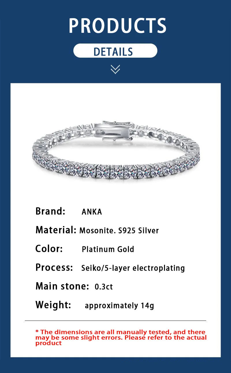 Sterling Silver 925 Moissanite Tennis Bracelet – 0.3CT Full Row Sparkling Moissanite Jewelry