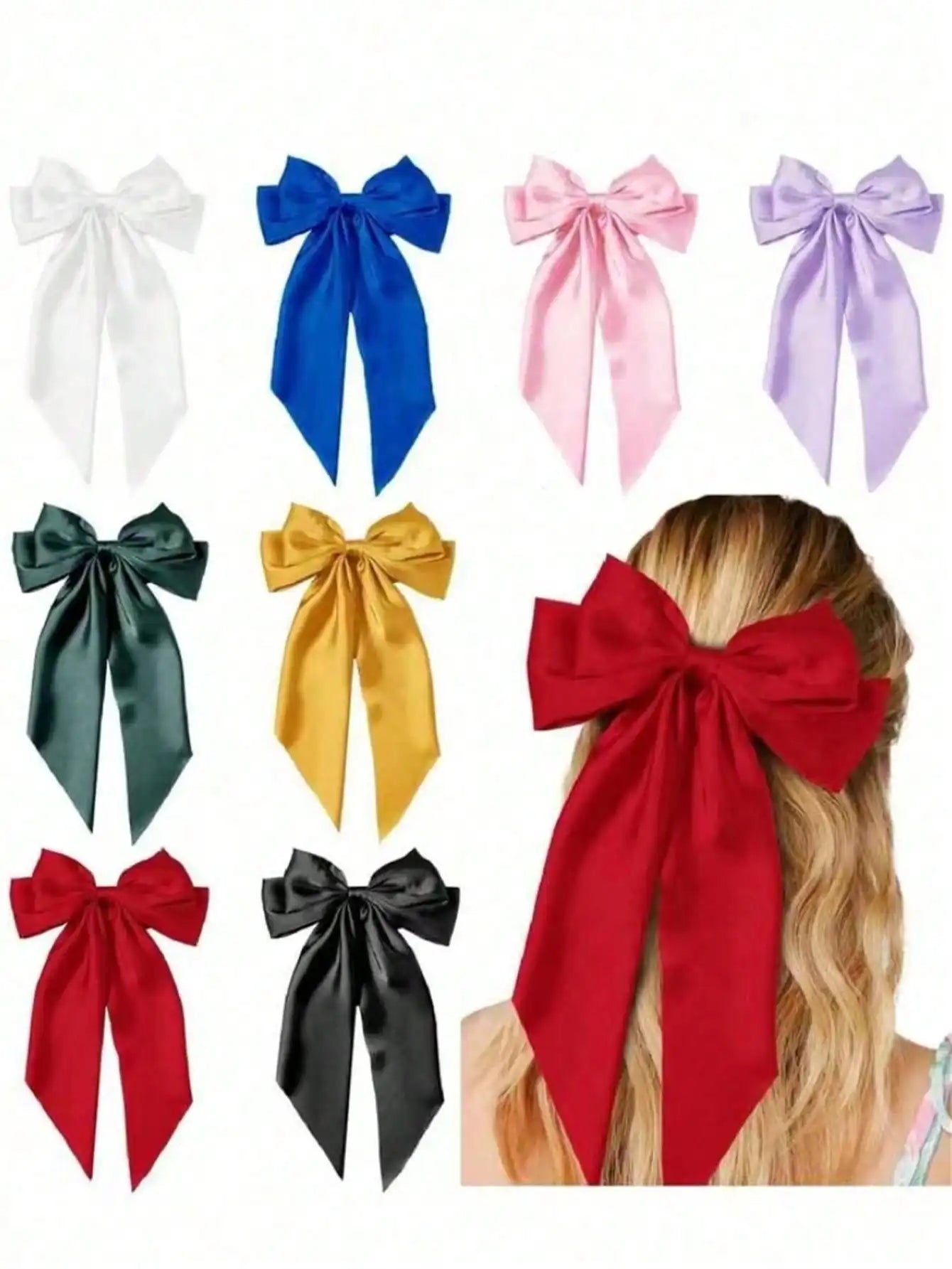 8 Ladies Satin Ribbon Bow Hair Clips – Oversized White, Pink, Red, Blue, Black Long Tail, Spring Clip for Ponytail Hair Accessories