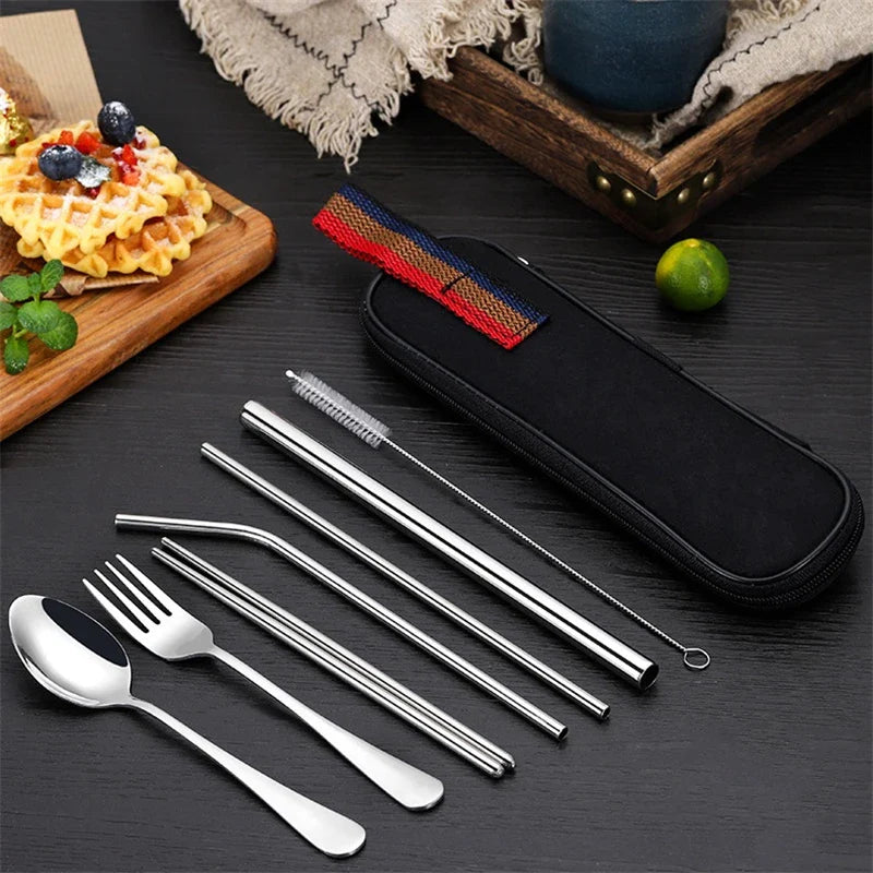 8-Piece Reusable Travel Cutlery Set — Stainless Steel Spoon, Fork, Chopsticks & Straw with Portable Case