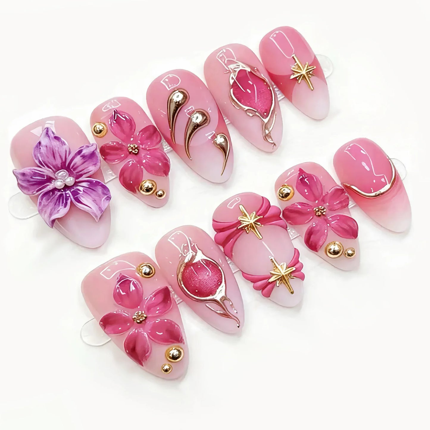 24PCS Strawberry Bow Press On Nails - Red Short Almond Pearl Starlight Floral False Nail Art Tips