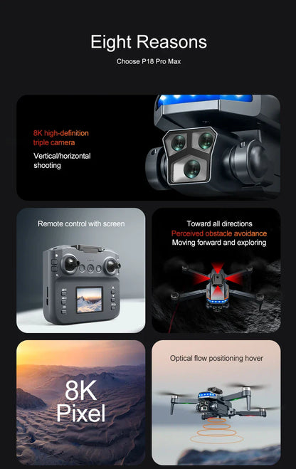 P18 RC Drone with Dual 8K Cameras – Obstacle Avoidance Professional Quadcopter with Electronic Control, Kids Gift Toy