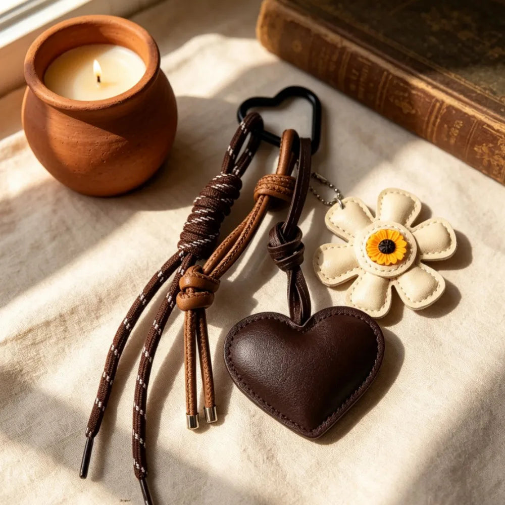 Vintage Leather Flower Heart Bag Charm Keychain – Handmade Boho Tassel Pendant for Tote Bags, Aesthetic Fashion Accessory for Women & Girls