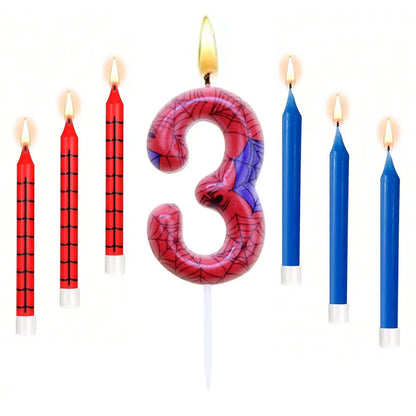 7Pcs Spider-Themed Number 4 Birthday Candles – Red & Blue Cartoon Cake Topper Decorations for Kids Party Supplies