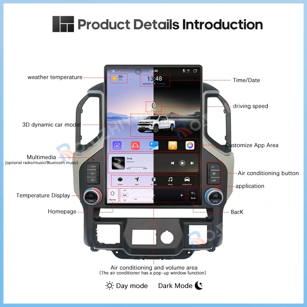 15.6" Car Multimedia Player - GPS Navigation, CarPlay, Android Auto, 4G & WiFi for Chevrolet Silverado & GMC Sierra 2019-2023