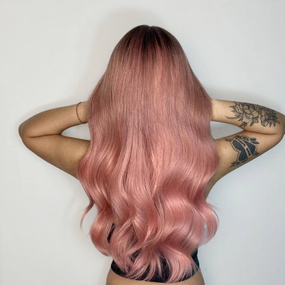 Long Pink Wavy Wig for Women — Middle Part Synthetic Hair, Heat-Resistant, Natural-Looking Cosplay Wig