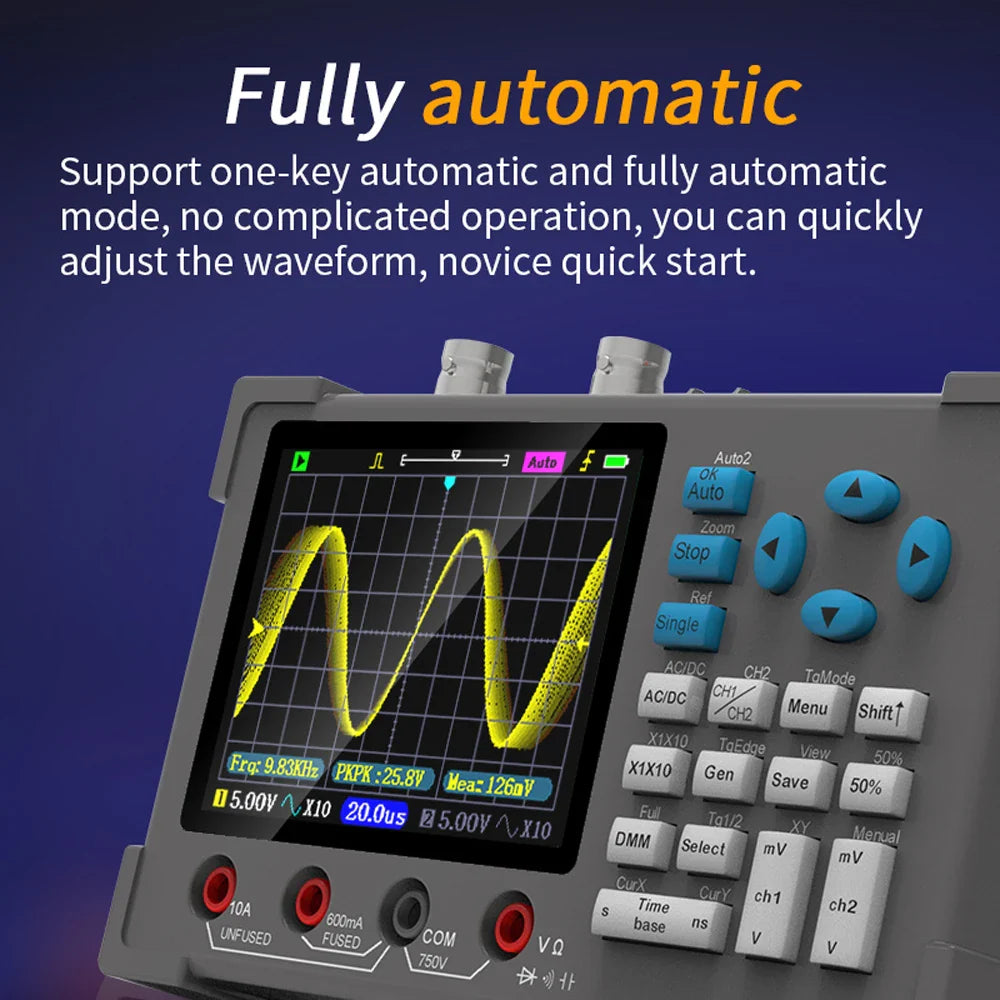 3-in-1 Digital Oscilloscope - Handheld Multimeter Signal Generator, Dual Channel 120MHz Bandwidth, 250MSa/s Sampling Rate   2/2