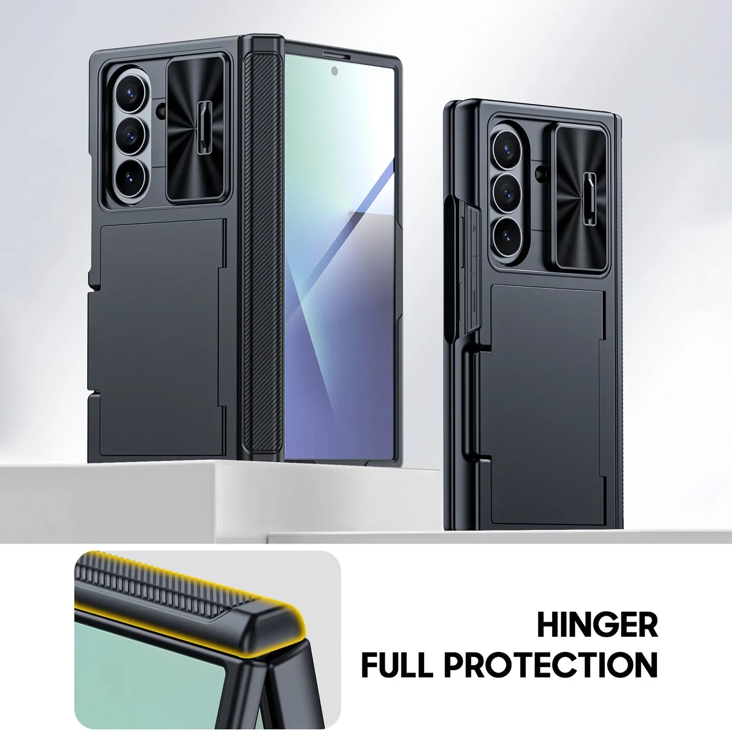 Samsung Galaxy Z Fold 7 Case – Black Shockproof Silicone Wallet with RFID Card Holder, Hinge & Camera Protection