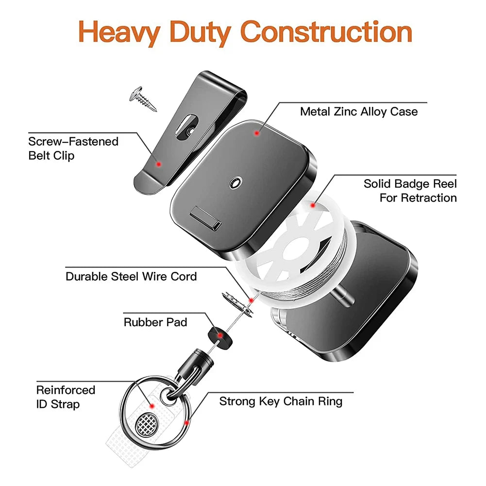 Heavy Duty Retractable Metal Carabiner Keychain with 28.3-Inch Steel Wire Cord – Badge Reel Clip