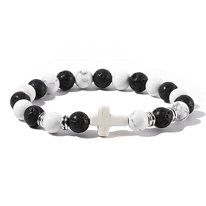 Natural Stone & Wood Bead Rosary Bracelet - Hematite Cross Meditation & Yoga Jewelry for Men & Women