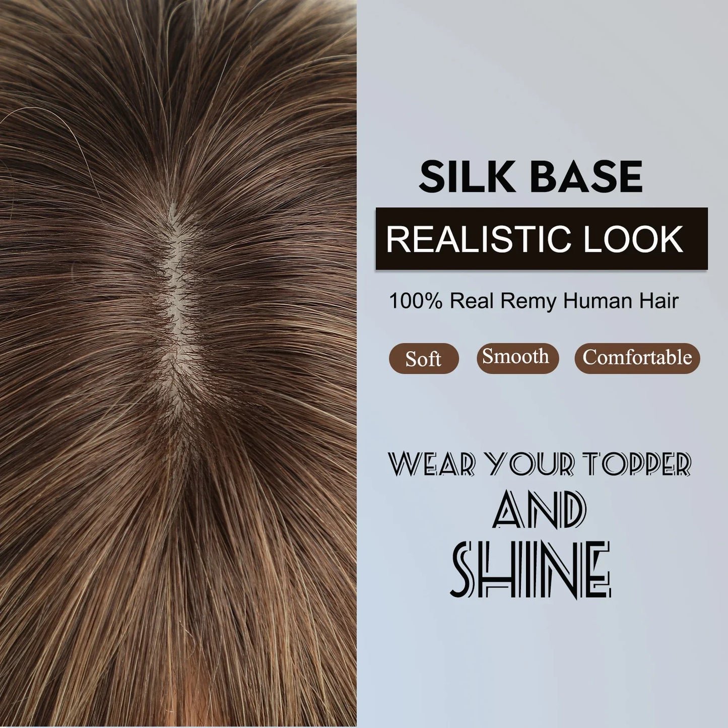Straight Ombre Brown Remy Human Hair Topper – 100% Silk Base Clip-in Wig with Bangs, Hair Extension for Women