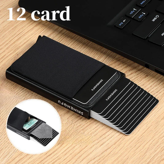 Automatic Flip Card Holder Sleeve — Large Capacity Metal Wallet with 12 Slots, Anti-Theft Credit Card Case for Men