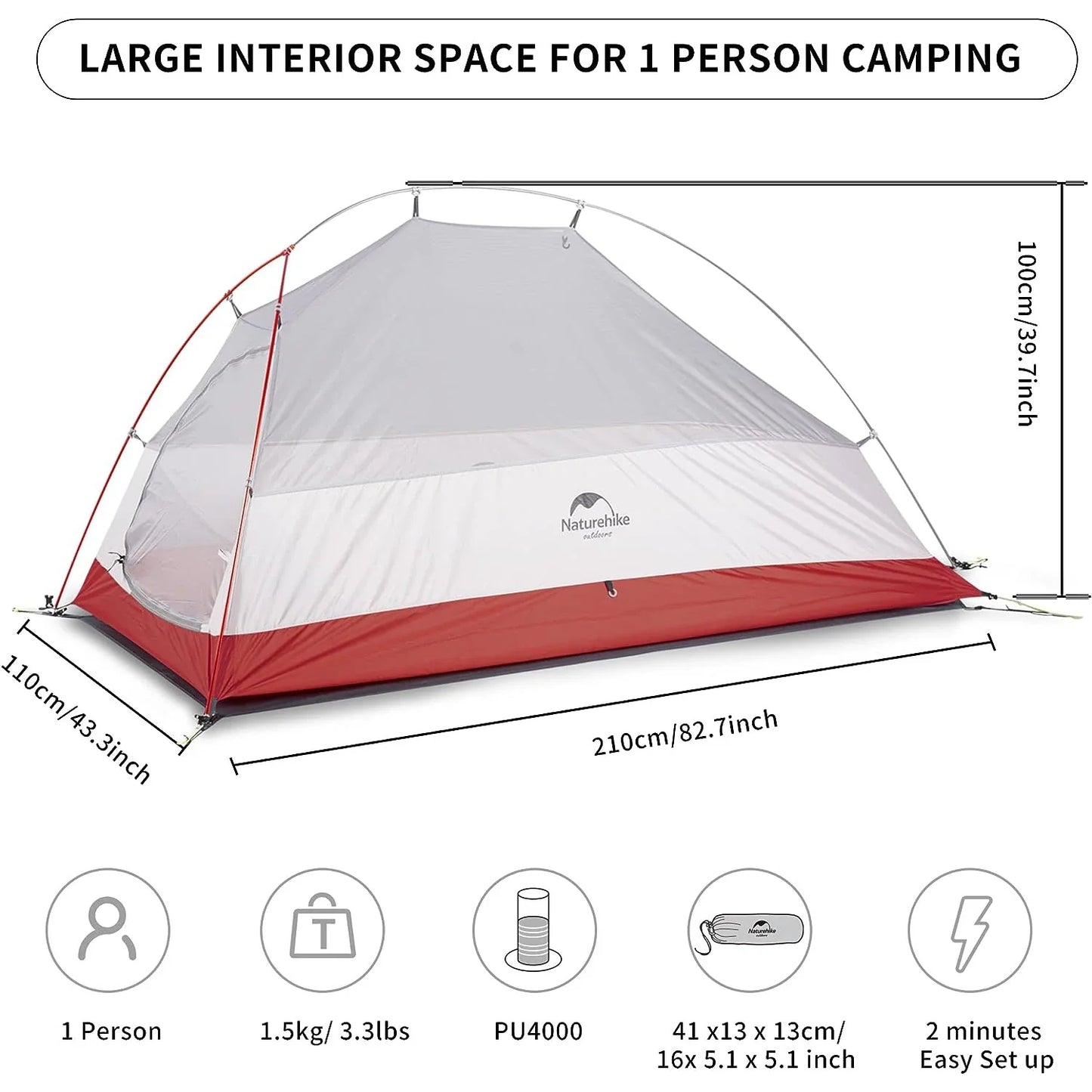 Naturehike Cloud Up 1-Person Camping Tent – Ultralight, Portable, Waterproof Folding Backpack Shelter for Travel & Beach