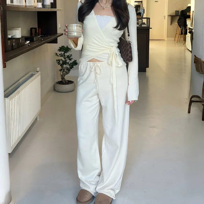 Apprabant Women’s Casual Fashion Set – Drawstring High-Waist Trousers with Plush Loose Pants and Lace-Up Flared Sleeve V-Neck Top