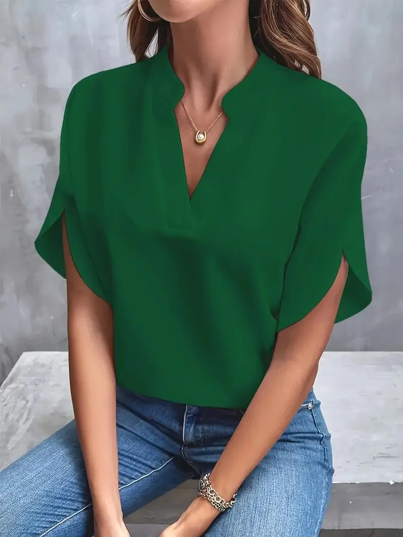 Women’s V-Neck Summer Blouse - Casual Solid Half Sleeve Loose Fit Elegant Office Pullover Shirt Top