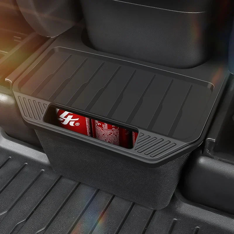 Rear Seat Storage Box for Tesla Model Y: Organizer Center Console Bins, Backseat Trash Can, Garbage Bag - Under Seat Tray Accessories