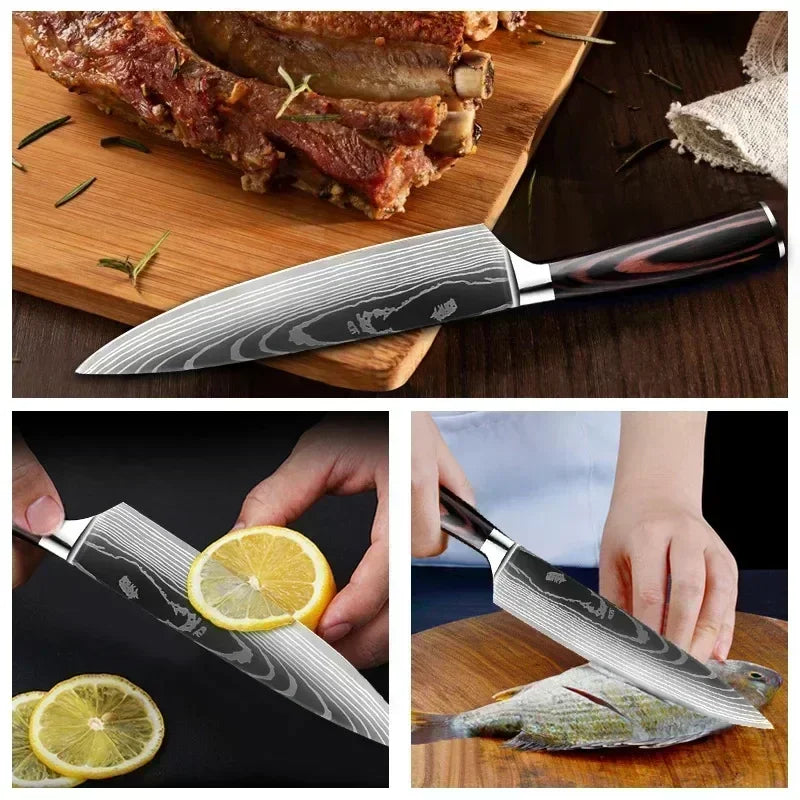 Laser Damascus Kitchen Knife Set – Cleaver, Meat, Fruit, Bread, Boning Knife and Chicken Scissors for Barbecue and Home Cooking