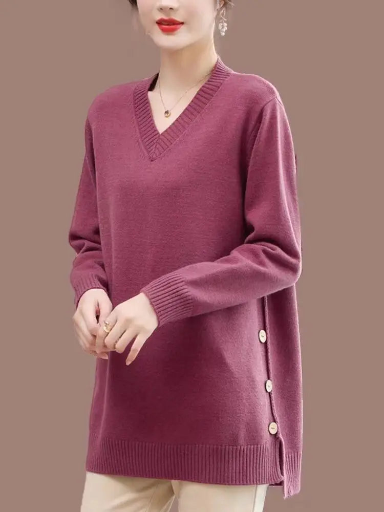Plus Size 6XL 150kg Women's Winter V-Neck Knitted Sweater – Long Sleeve, Solid Color, Split Design
