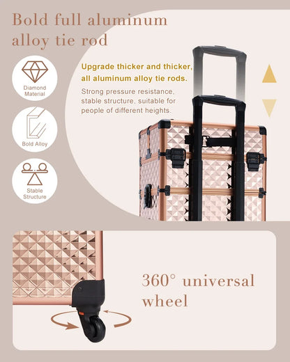Makeup Trolley Case 4-in-1 — Detachable Alloy Train Briefcase with Wheels, Lockable Large Capacity Storage for Nail Manicure Salon