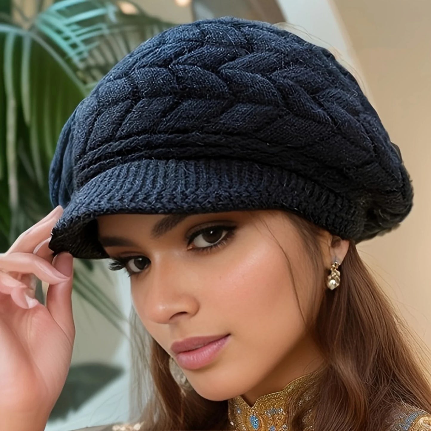 Retro Women’s Winter Knitted Cap — Warm Cold Weather Hat with Sun Visor for Running, Camping, Walking, and Skiing