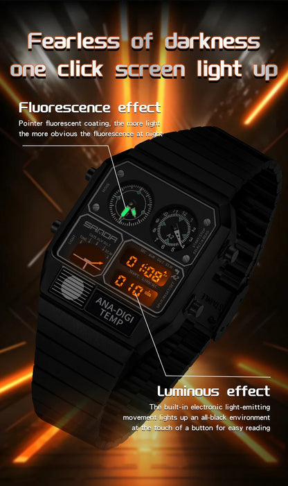 SANDA 3192 Men’s LED Square Watch — Youth Casual Multi-Function Stopwatch Thermometer Chronograph
