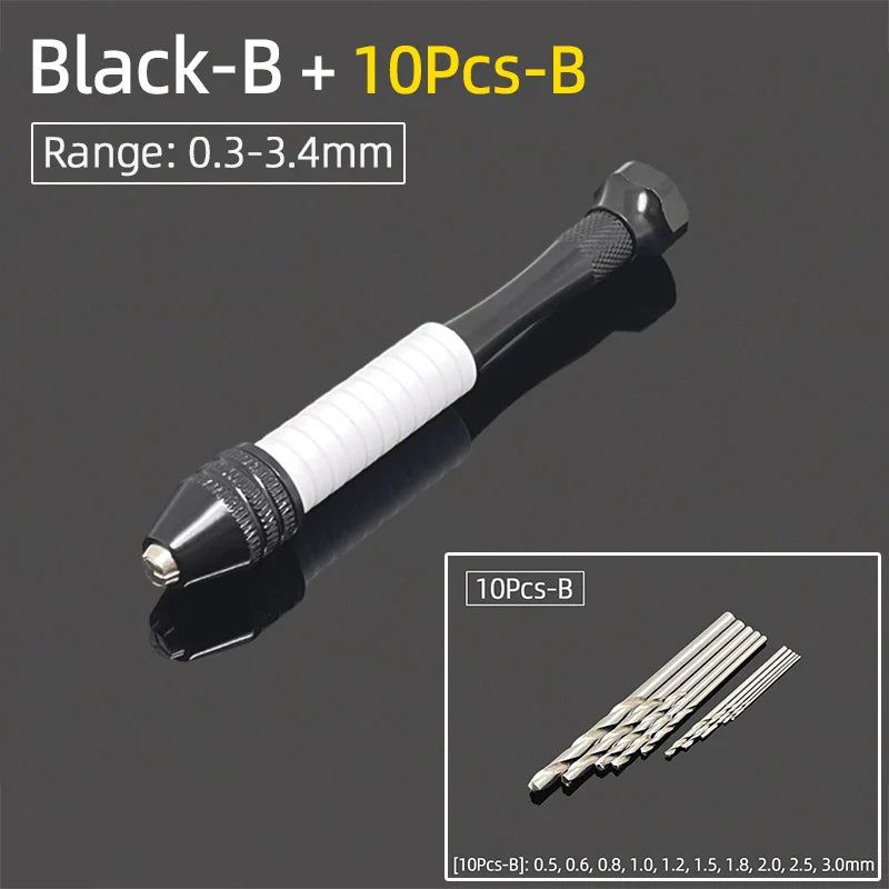 Mini Aluminum Hand Drill 0.3–3.4mm – Keyless Chuck Micro Rotary Tool with HSS Twist Drill Bit Set for Wood & DIY Crafts