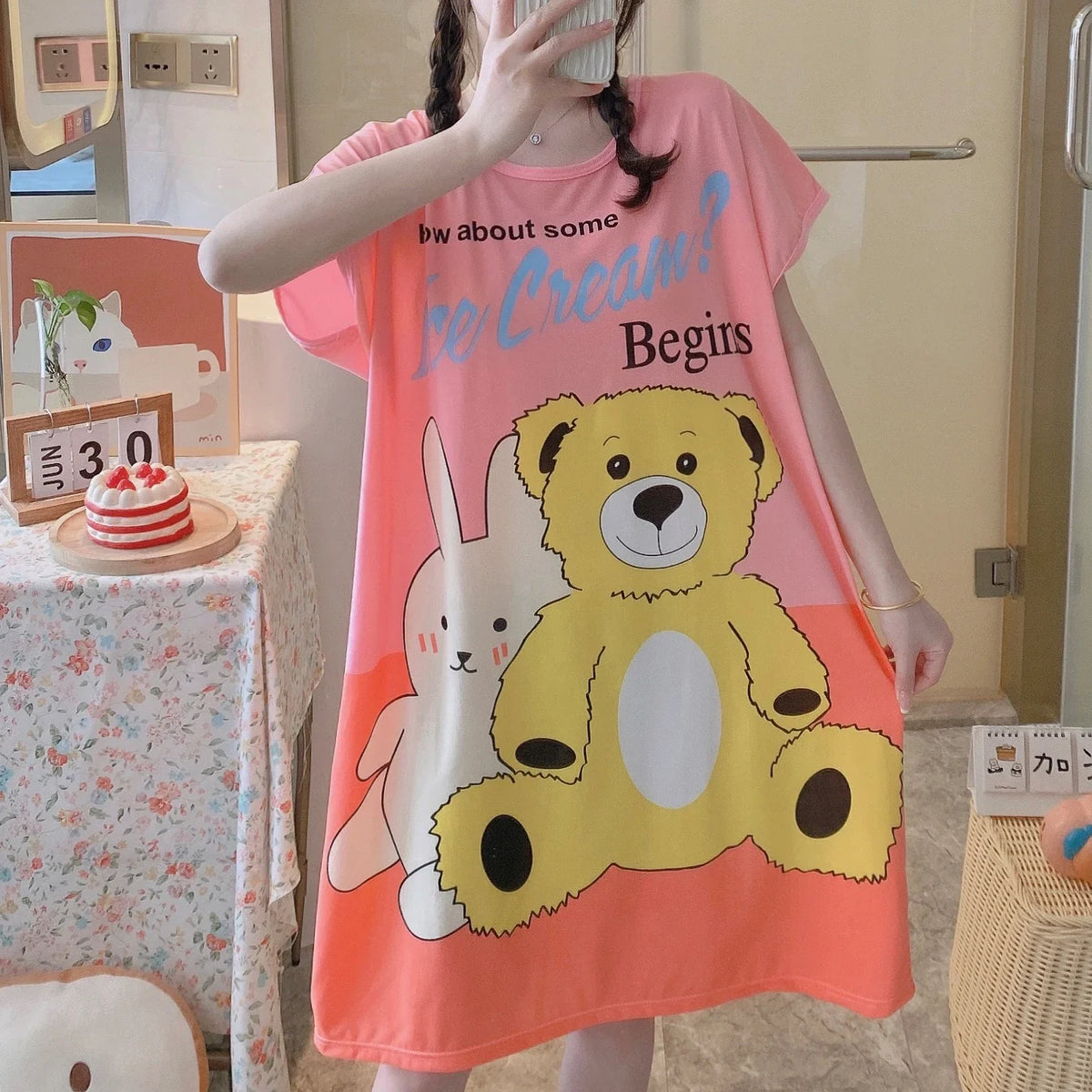 Girls’ Summer & Autumn Cartoon Nightdress – Cute Short-Sleeved Pajama Dress, Comfortable Homewear, Polyester Sleepwear