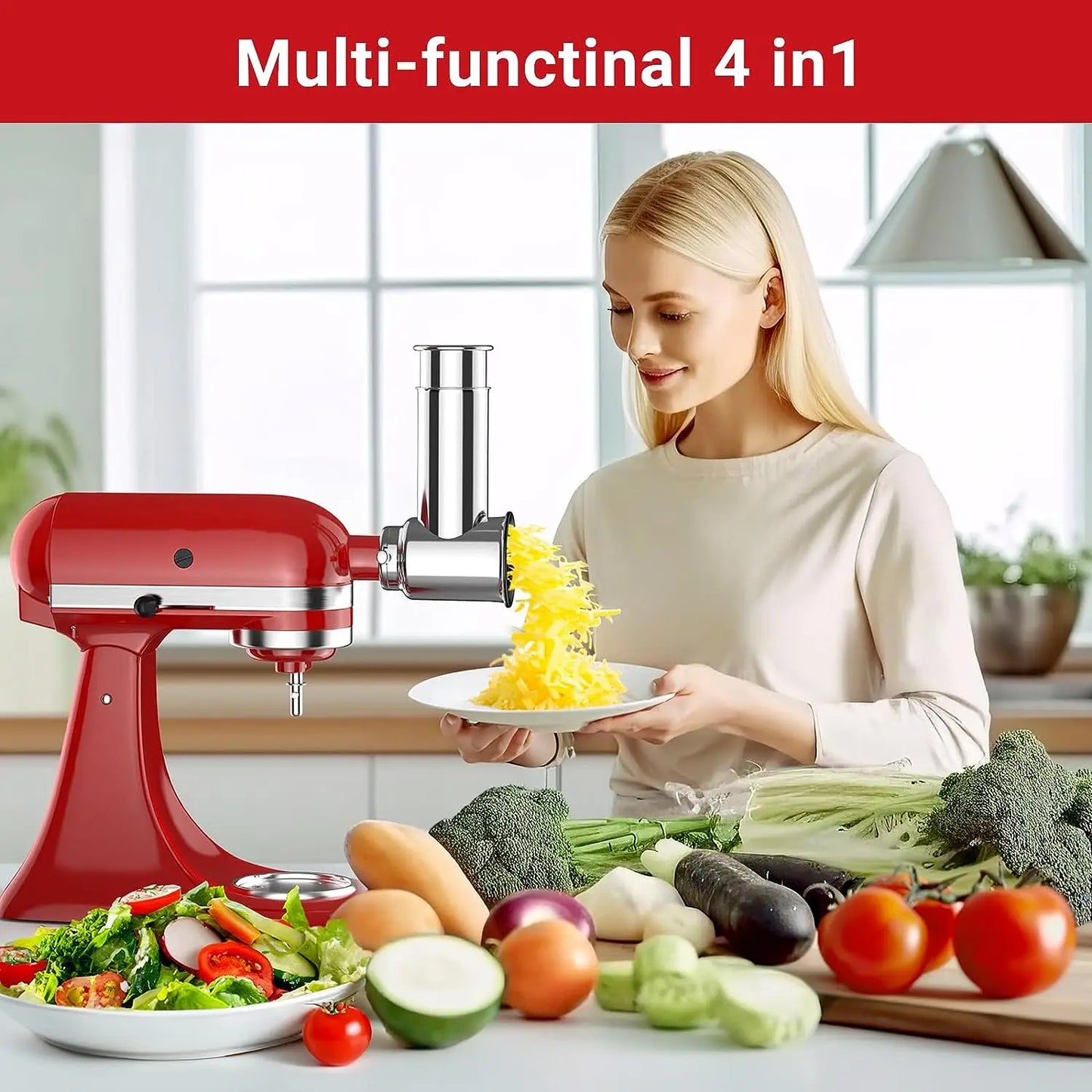 Dishwasher Safe Stainless Steel Slicer & Shredder Attachment for KitchenAid Stand Mixer – Vegetable & Salad Cutter