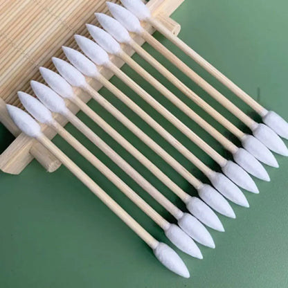 100Pcs Natural Cotton Double-Pointed Cotton Buds - Precision Tips for Cleaning Narrow Areas, Bamboo Disposable Sticks