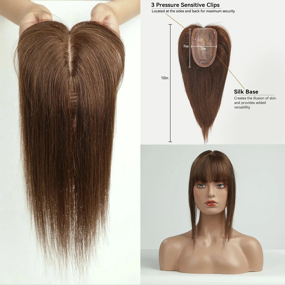 10" Brown Ombre Remy Human Hair Topper – Straight with Bangs, Silk Base, Clip-In Extension for Women