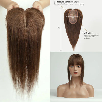 10" Brown Ombre Remy Human Hair Topper – Straight with Bangs, Silk Base, Clip-In Extension for Women