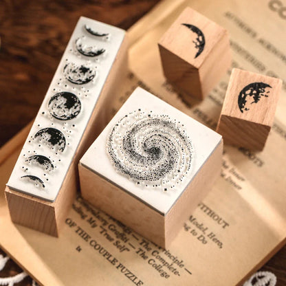 Yoofun 7-Piece Vintage Moon & Plant Wooden Stamps — Rubber Stamps for Scrapbooking, DIY Craft & Stationery