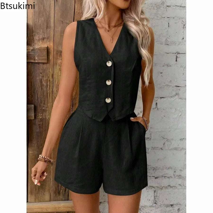 2026 Women’s Summer 2-Piece Set – Solid Cotton Linen V-Neck Sleeveless Vest Top & Shorts Casual Sexy Outfit