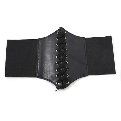 Women’s Punk Black PU Leather Corset Belt – Wide Elastic High-Waist Body Belt for Dress & Slimming