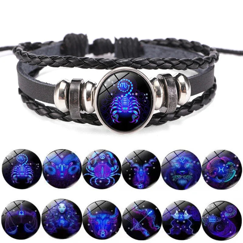 12 Zodiac Signs Constellation Charm Bracelet - Luminous Multilayer Weave Leather Bangle for Men & Women, Birthday Gift