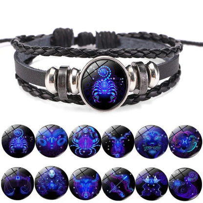 12 Zodiac Signs Constellation Charm Bracelet - Luminous Multilayer Weave Leather Bangle for Men & Women, Birthday Gift