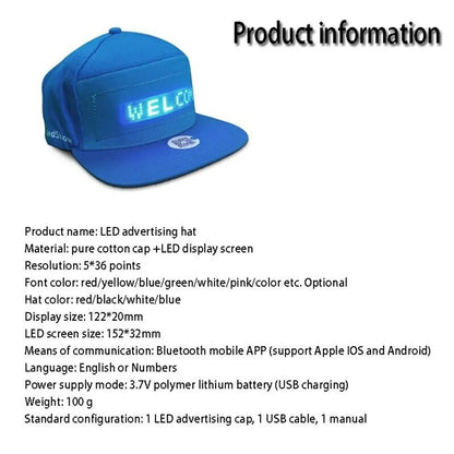 Unisex Baseball Cap with USB Rechargeable Bluetooth – APP Programmable LED Scrolling Message Display, Hip Hop Street Snapback Hat