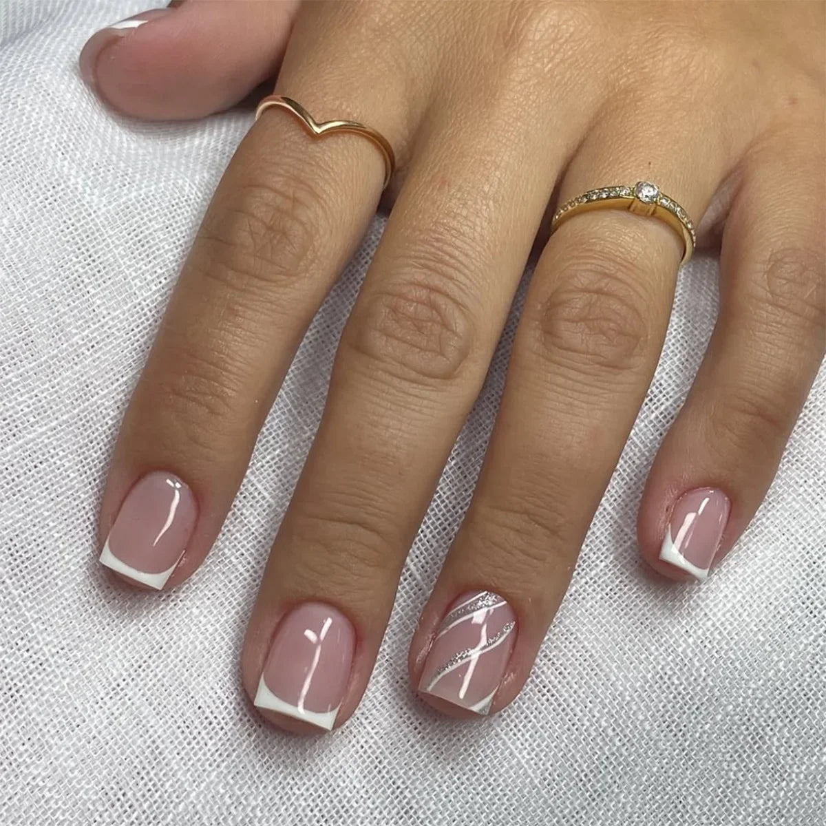 24Pcs Square Press On Nails - Nude White Gradient French False Nail Tips with Full Cover Short Design