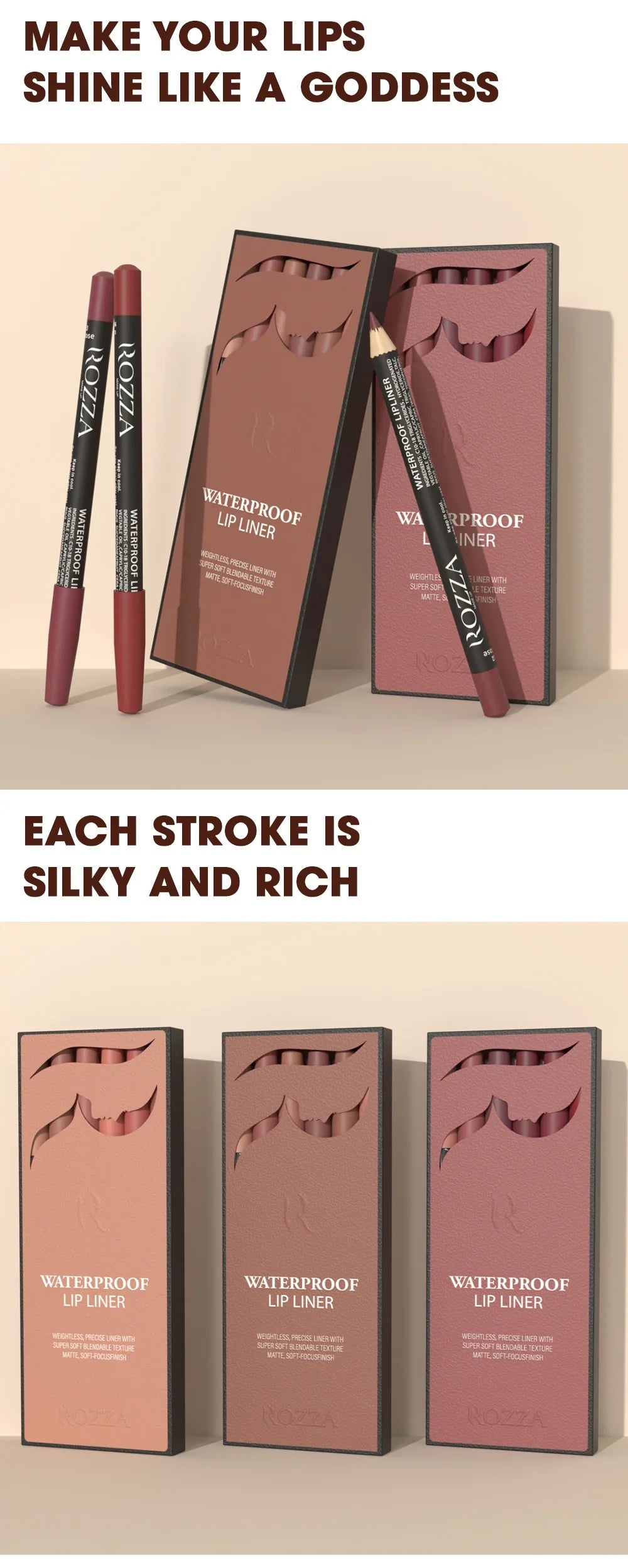Rozza Waterproof Lip Liner Pencil Set – Weightless, Precise Matte Liner with Soft, Blendable Texture