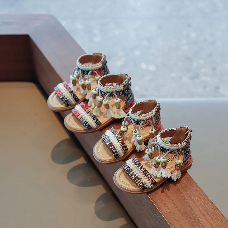 Girls Tassel Gladiator Sandals - Retro Ethnic Summer Shoes with Back Zipper for Kids