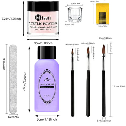 Nail Crystal Powder Kit – Acrylic Liquid Set with Pink & White Powder, Nail Brush for Extension & Carving, Beginner Set