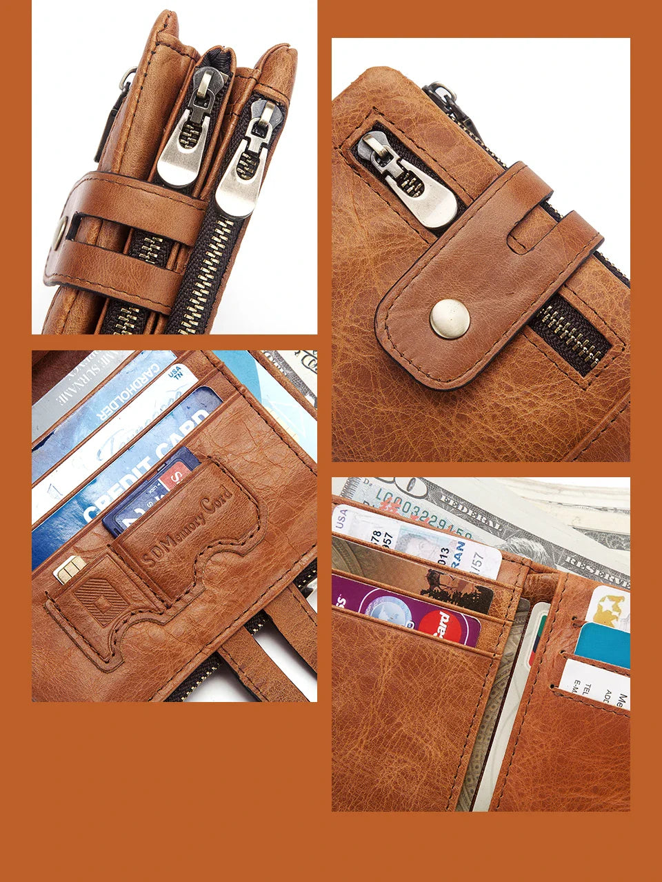 Fashion Women’s Leather Wallet — Genuine Leather Clutch with Hasp & Double Zipper, Short Coin Pocket and ID Card Holder Purse