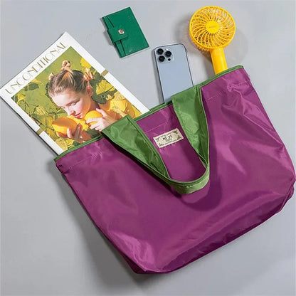 Large Reusable Shopping Bag - Portable Waterproof Oxford Fabric with Drawstring, Foldable Organizer Storage Shopper Handbag