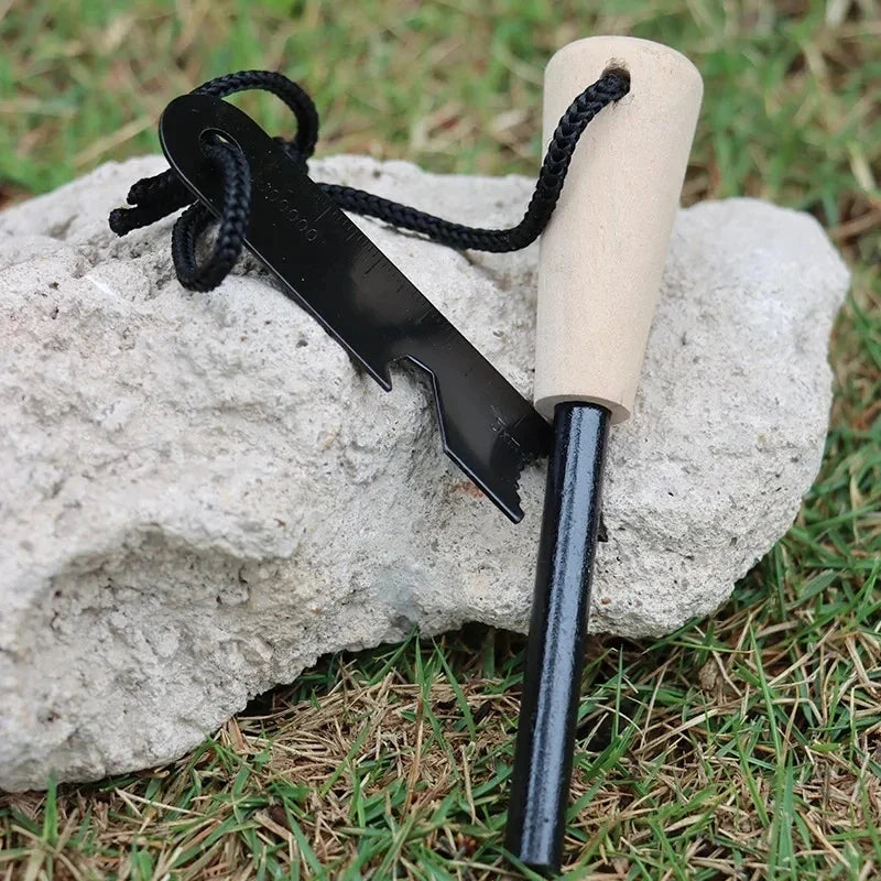 Wilderness Survival Flint Kit – Portable Magnesium Fire Starter with Wooden Handle for Camping & Outdoor