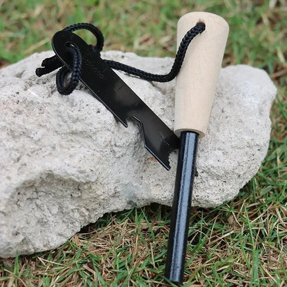 Wilderness Survival Flint Kit – Portable Magnesium Fire Starter with Wooden Handle for Camping & Outdoor