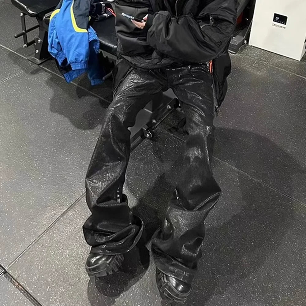 Men’s Streetwear Black Wax Leather Stretch Jeans — Baggy Y2K Flare Oversized Straight Denim Trousers