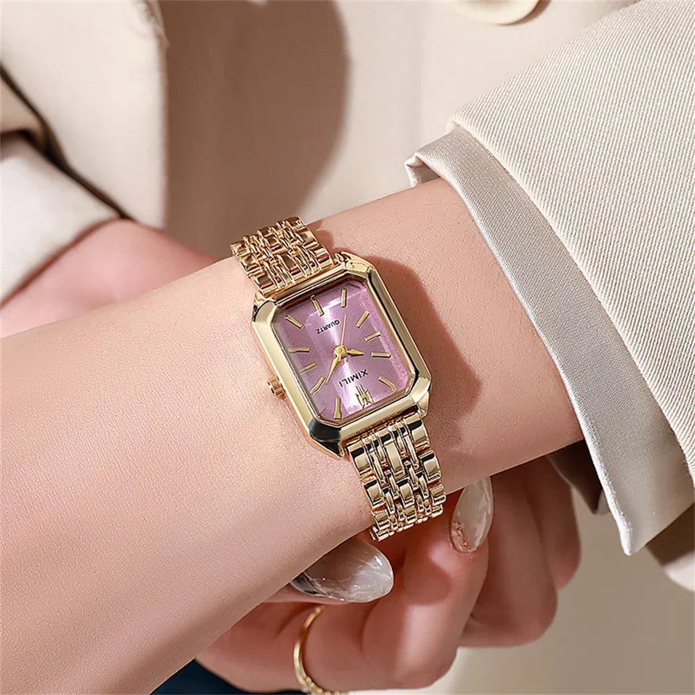 Luxury Women's Square Quartz Watch – Gold-Plated Stainless Steel Business Timepiece