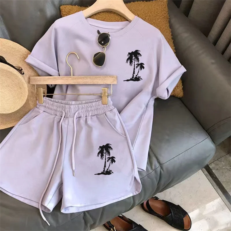 Women’s Two-Piece Sports Tracksuit – C Letter Print Short Sleeve T-Shirt with Drawstring Shorts, Exercise & Casual Wear