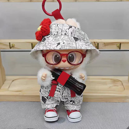 17cm 3rd Gen Labubu Trendy Retro Outfit – Graffiti Strap Pants, Hat & Sitting Party Pendant
