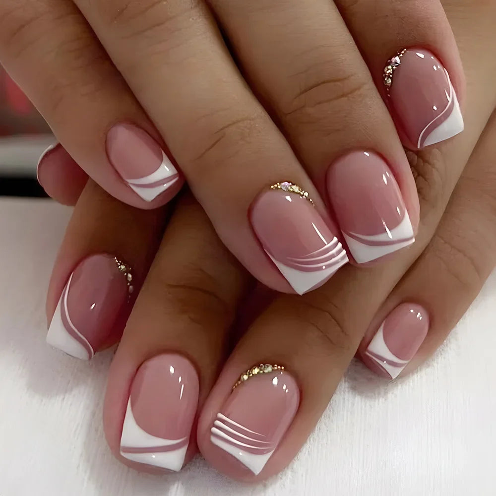 24Pcs Square Press On Nails - Nude White Gradient French False Nail Tips with Full Cover Short Design