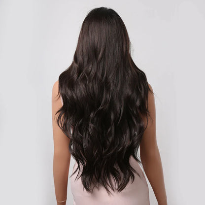 ALAN EATON Black Long Wavy Synthetic Wig – Natural Afro Hair, Middle Part, Heat-Resistant Fiber for Daily Use